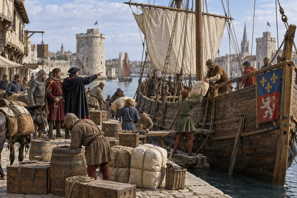 Recreación histórica de los preparativos de la expedición en el puerto de La Rochelle en 1402