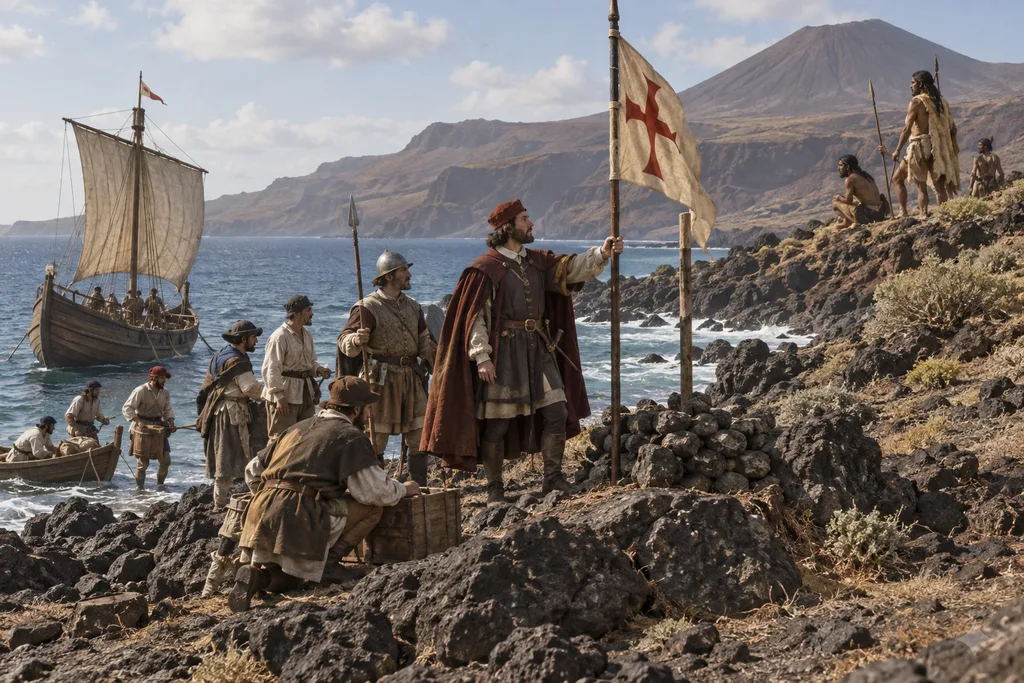 Recreación histórica de una pequeña expedición señorial estableciendo un enclave en las islas orientales