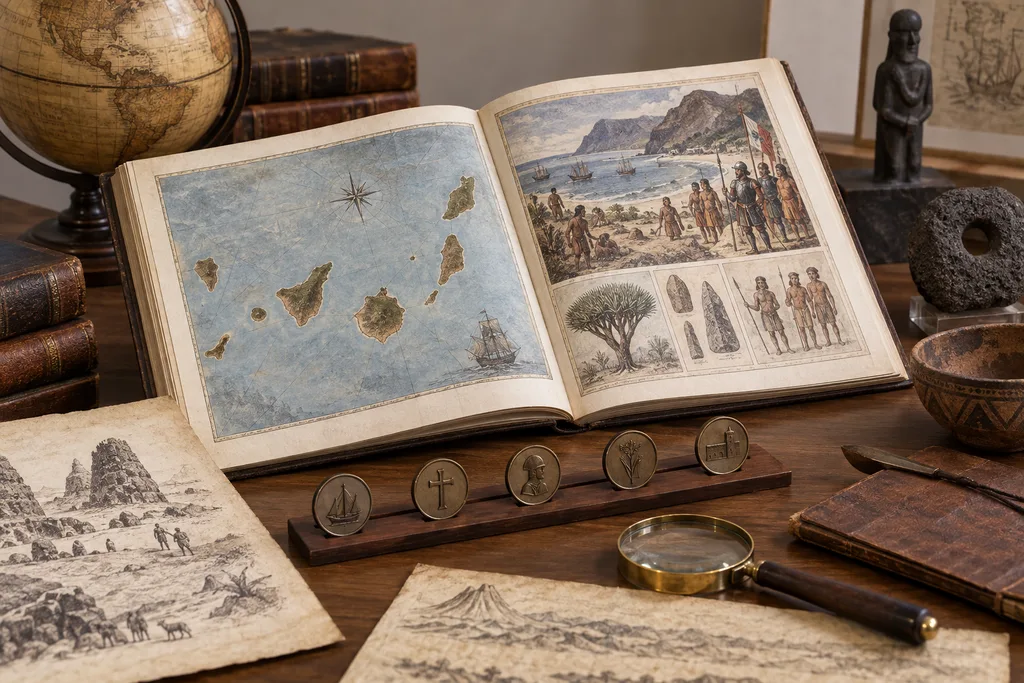 Composición educativa con atlas, reproducciones documentales y materiales para estudiar la conquista de Canarias