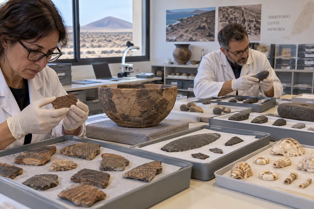 Personal investigador estudiando cerámica y objetos arqueológicos de la sociedad maho en un museo