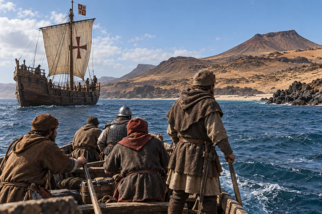 Recreación de la llegada de una expedición europea a las islas orientales