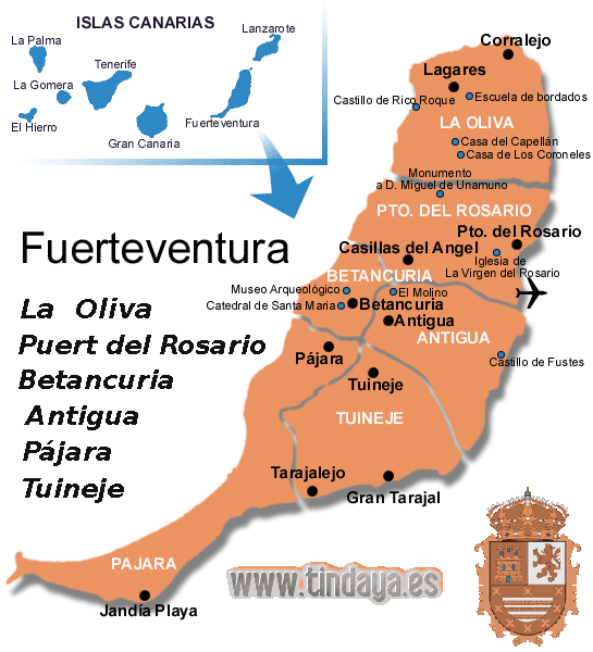 mapa de los municipios y localidades principales de Fuerteventura