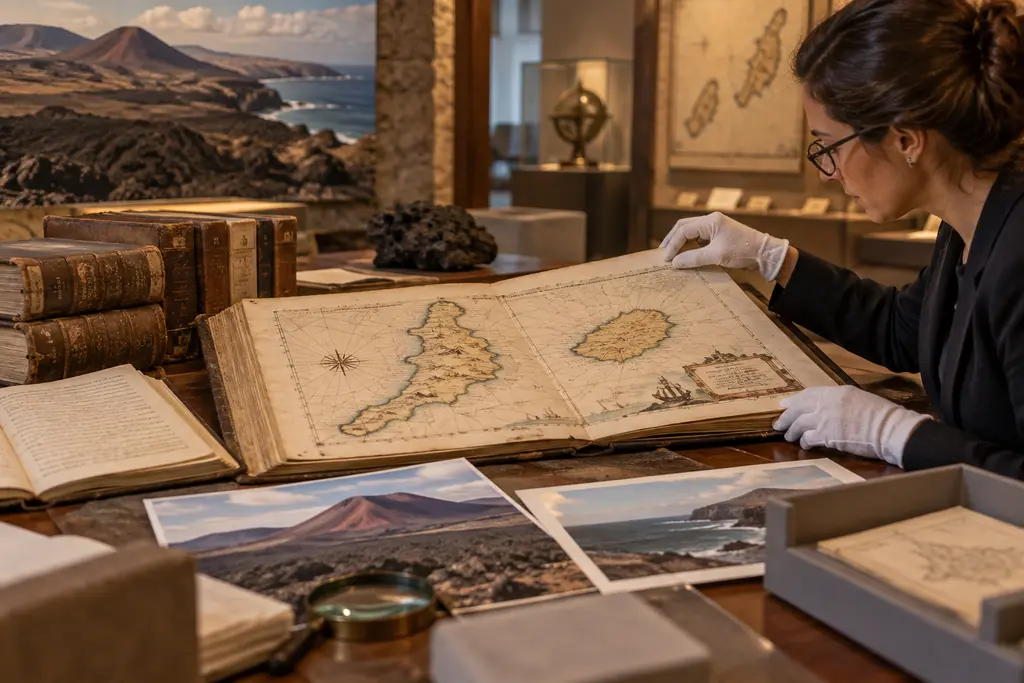 Investigadora consultando mapas y volúmenes históricos de Fuerteventura y Lanzarote