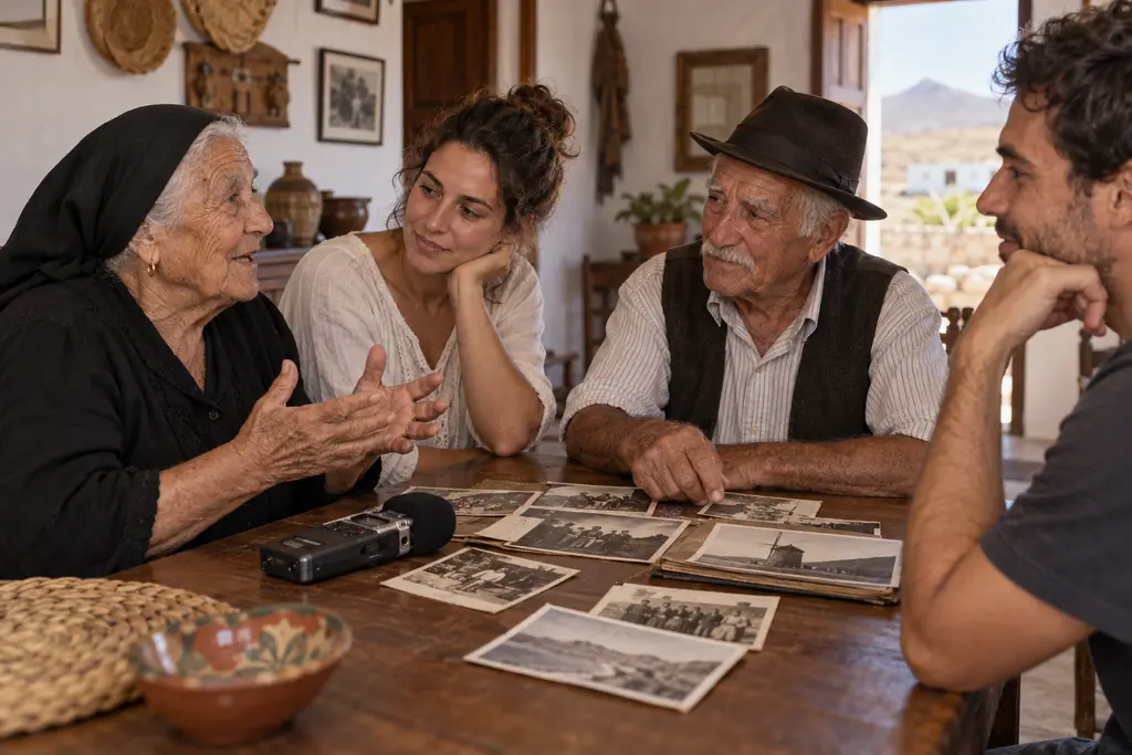 Personas mayores compartiendo memoria oral con generaciones jóvenes
