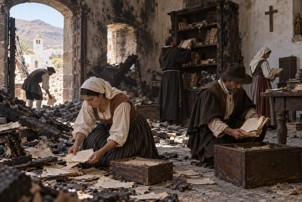 Recreación de habitantes recuperando documentos después del ataque a Betancuria de 1593