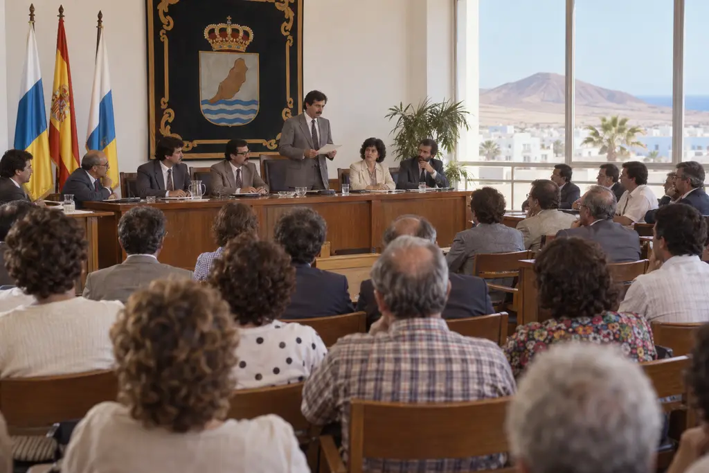 Recreación de una sesión institucional canaria durante el inicio de la autonomía