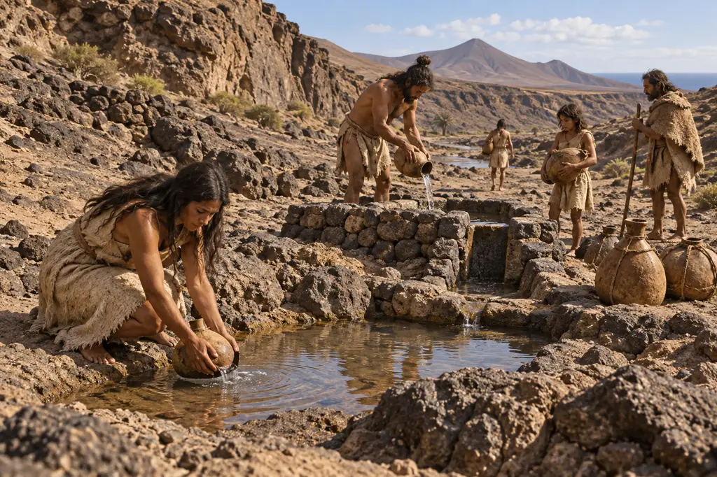 Recreación visual genérica de los majos recogiendo y almacenando agua en un barranco de Fuerteventura