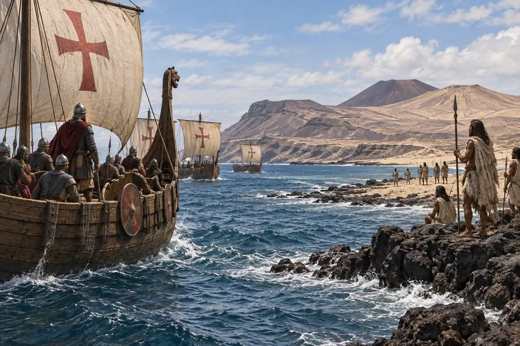 Recreación visual genérica de embarcaciones europeas aproximándose a Fuerteventura en 1402