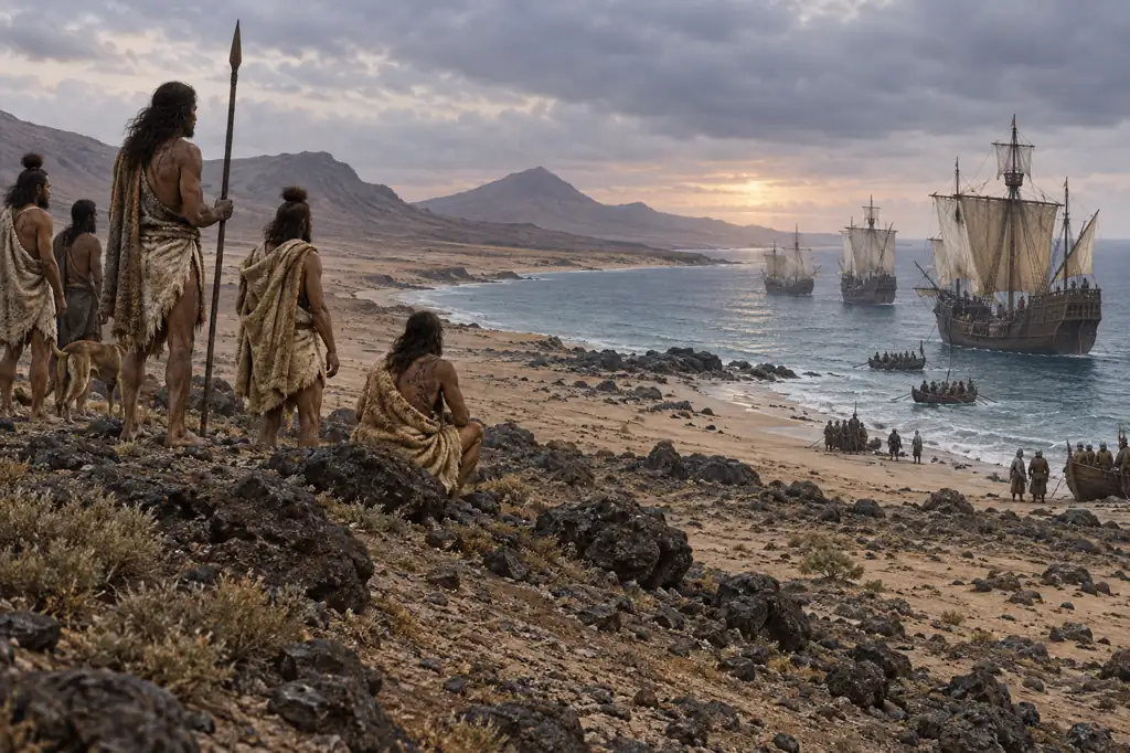 Recreación visual genérica de la llegada de expediciones europeas a Fuerteventura a comienzos del siglo XV