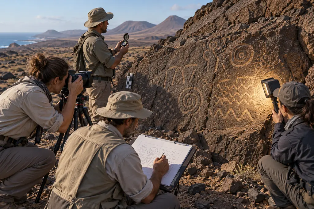 Recreación visual genérica de especialistas documentando grabados rupestres sin tocar la roca