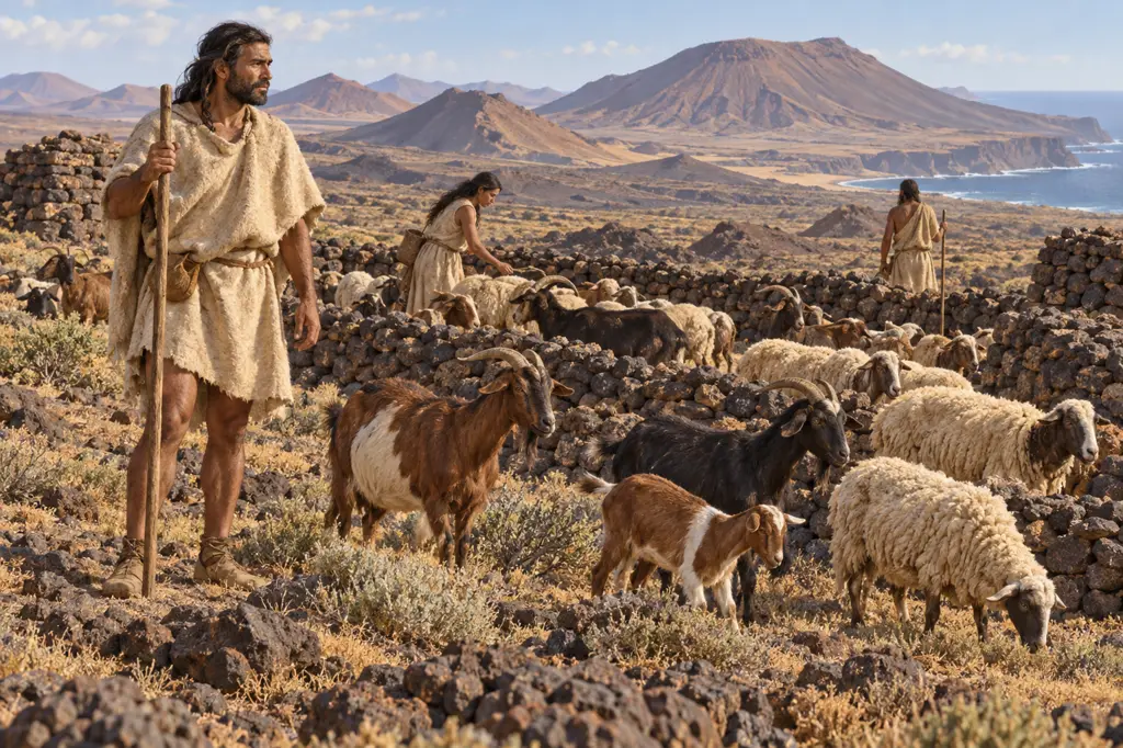 Recreación visual genérica de pastores majos cuidando cabras y ovejas en Fuerteventura