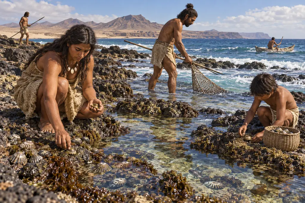 Recreación visual genérica de los majos pescando y mariscando en la costa de Fuerteventura