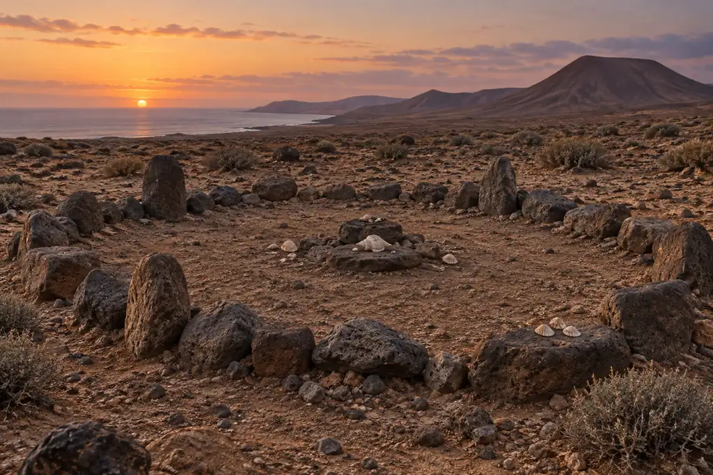 Recreación visual genérica de un espacio funerario de superficie delimitado con piedras y conchas