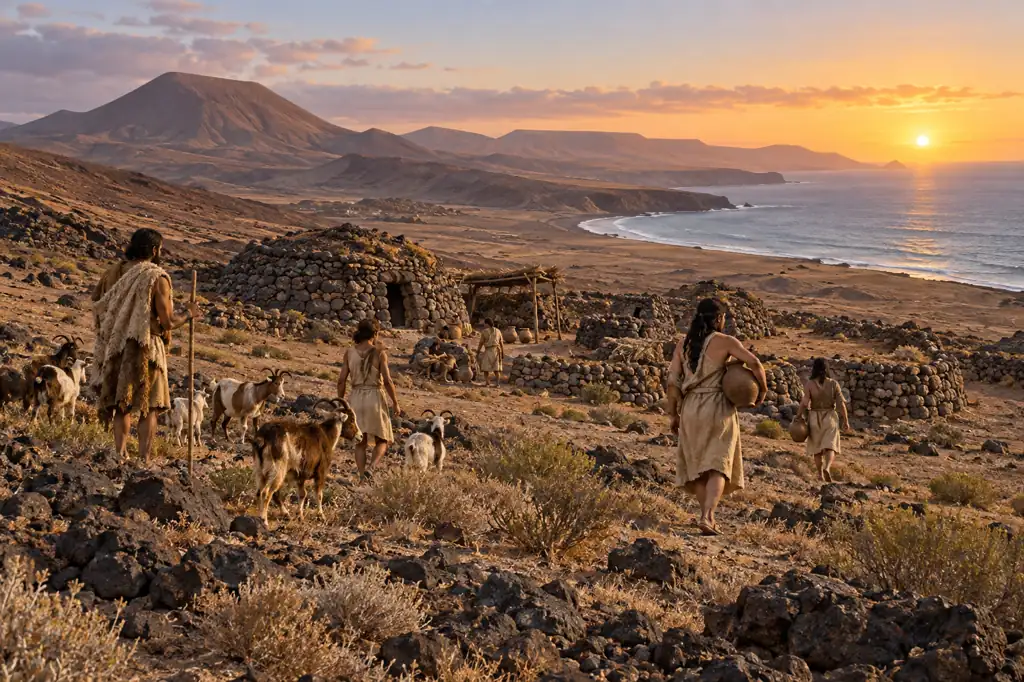 Recreación visual genérica de los primeros pobladores majos en el paisaje de Fuerteventura