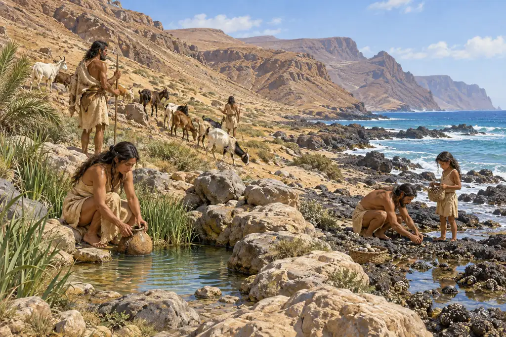 Recreación visual genérica del aprovechamiento del agua, el ganado y los recursos marinos por los majos