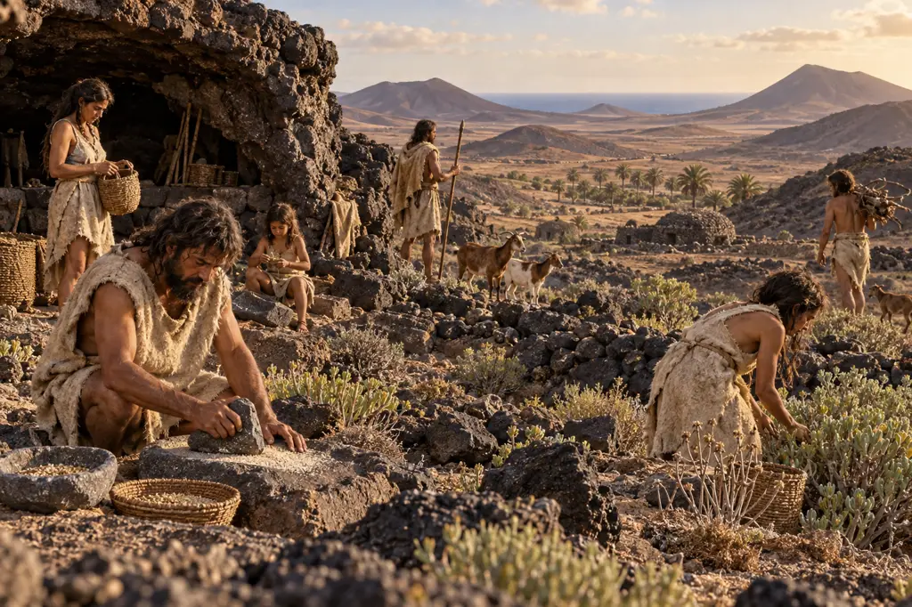 Recreación visual genérica del aprovechamiento de la vegetación, la piedra y los refugios naturales por los majos