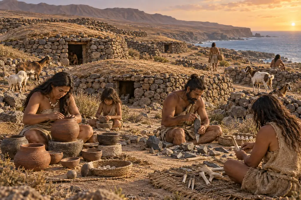 Recreación visual genérica de un poblado maho con cerámica y herramientas cotidianas