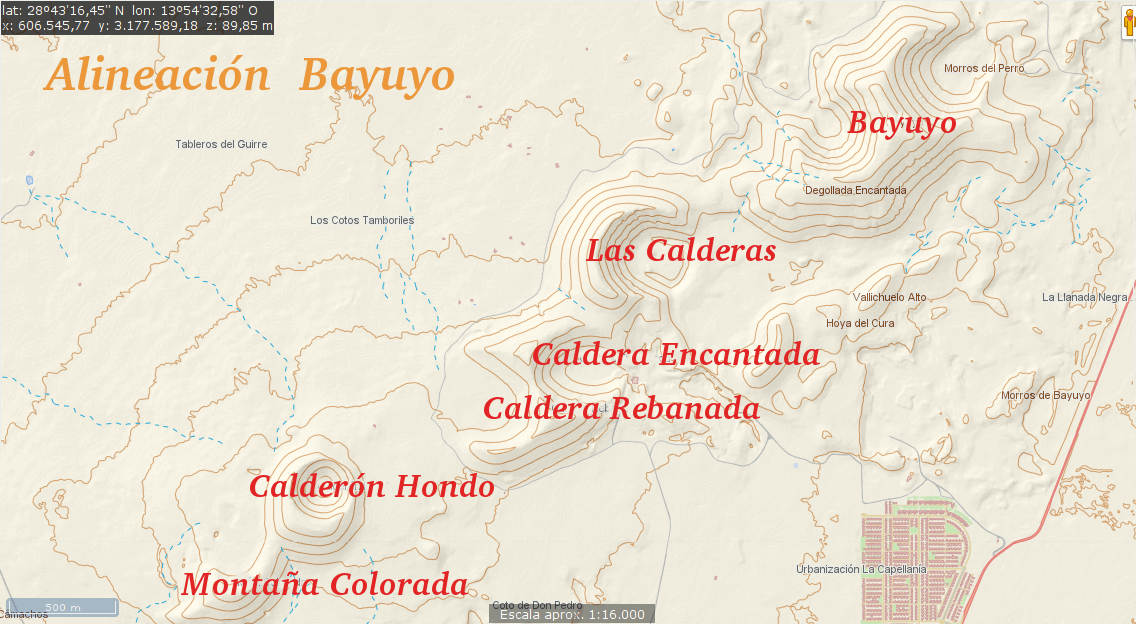 mapa de la alineacion de volcanes bayuyo en fuerteventura